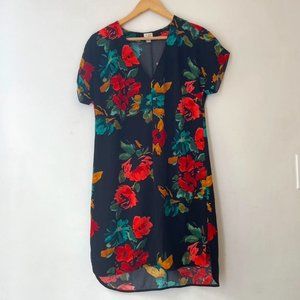 Floral Tunic Dress - Loose Fitting Short Sleeve with Back Button Detail